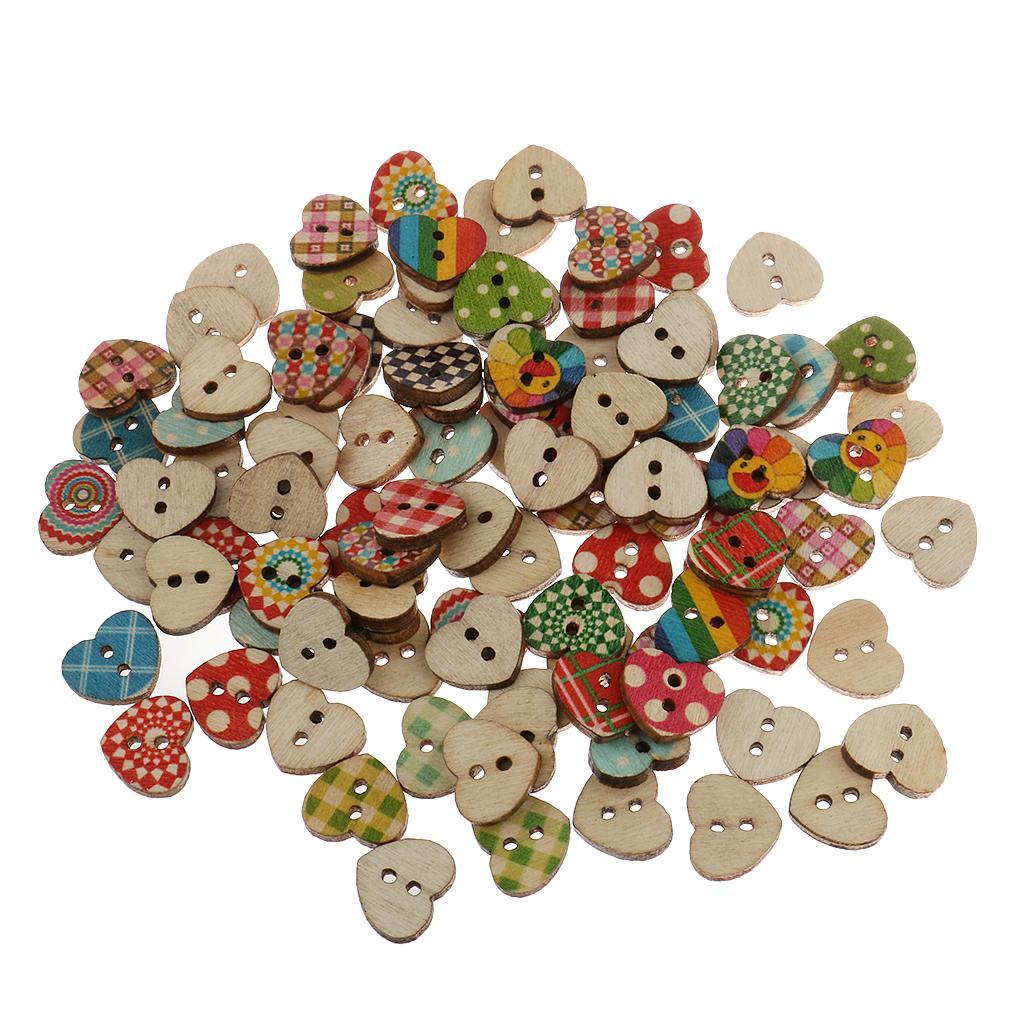 2-4pack 100pcs Heart Shaped Painted 2 Hole Wood Buttons 15mm for Sewing