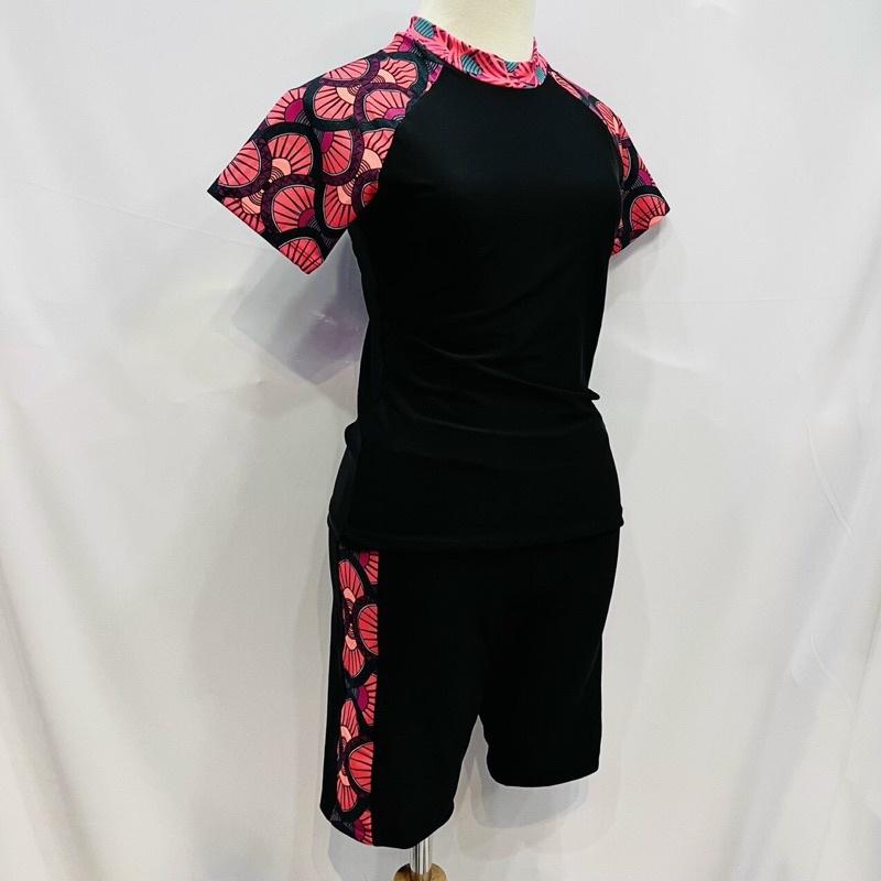 BỘ BƠI NỮ KÍN ĐÁO TAY NGẮN QUẦN LỬNG TRƠN PHỐI HOA VĂN SIZE 35-58kg