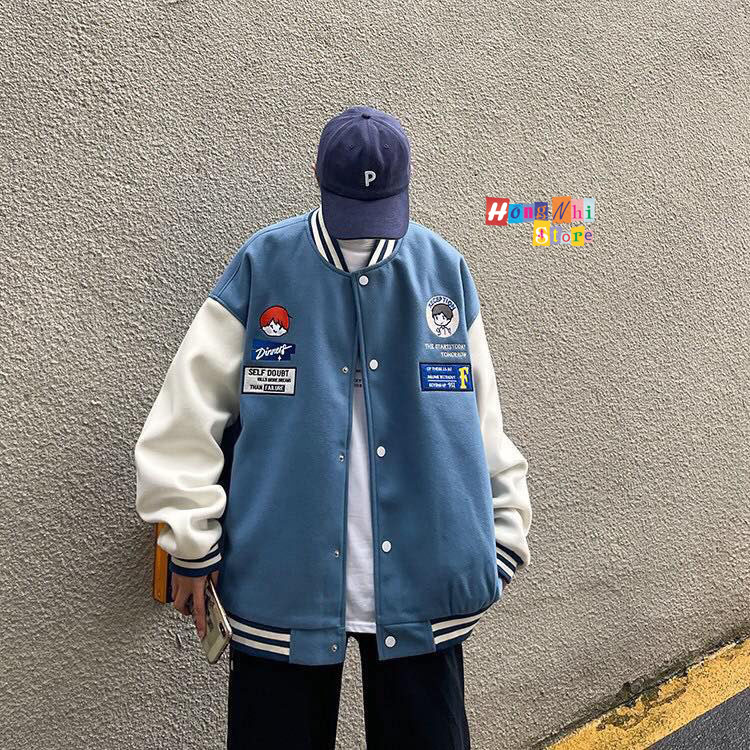 Áo Khoác Bomber Thêu Hình Cô Bé Cậu Bé Ulzzang Unisex Dáng Rộng Nam Nữ - MM