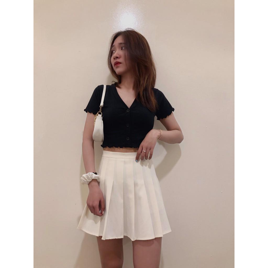 Áo Croptop thun gân đũa cổ V 3 nút viền cuốn biên Vải dày đẹp, mịn