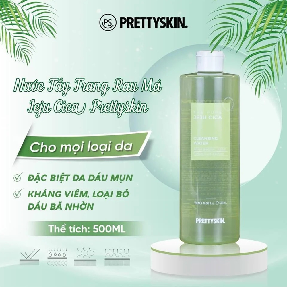 Nước Tẩy Trang Cho Da Dầu Mụn PrettySkin 500ml - Prettyskin Rau Má Jeju Cica Giúp Sạch Sâu