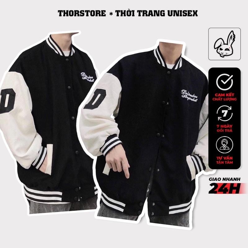 Áo jacket varsity nam nữ,thêu chữ D thiết kế tay nhung tăm