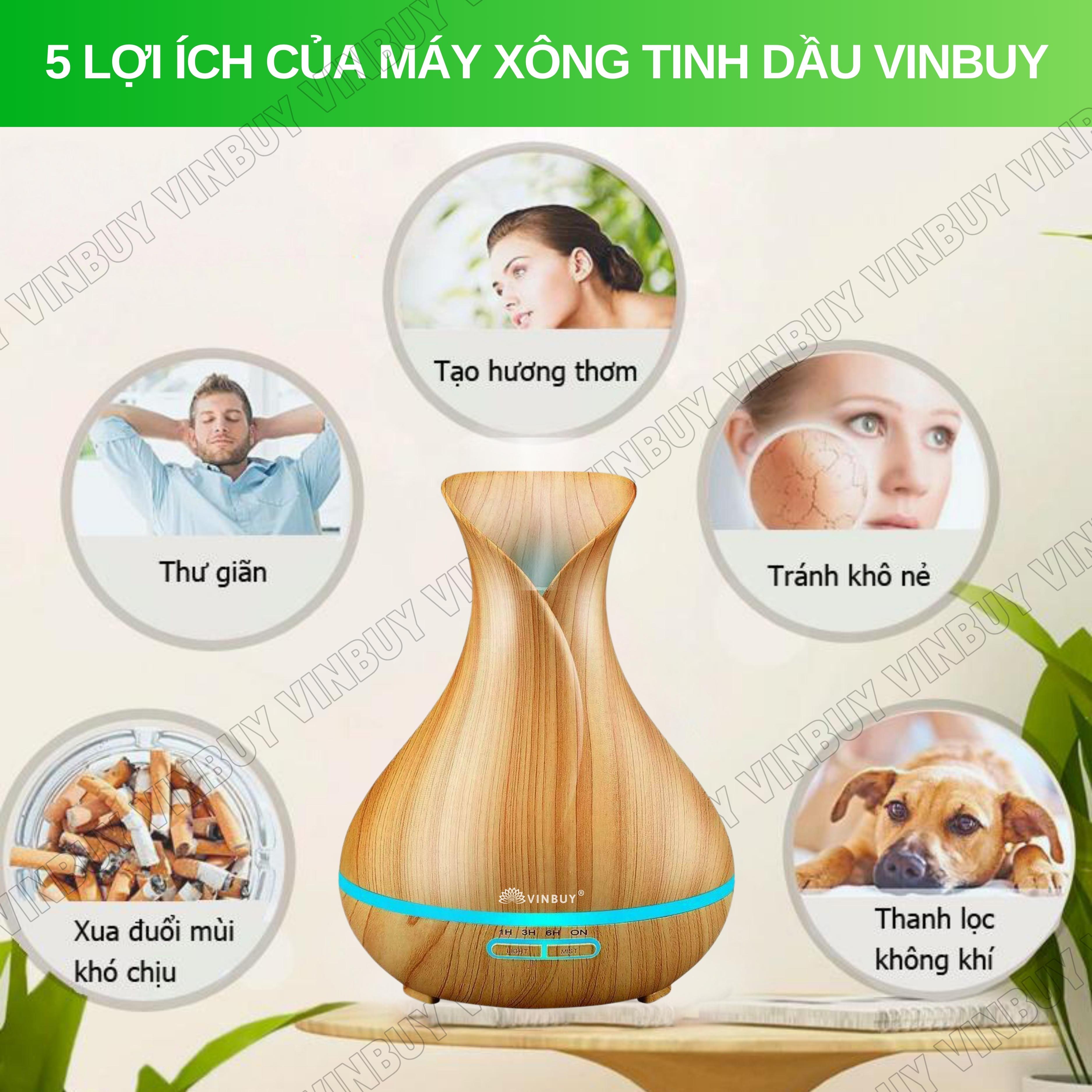 Máy xông tinh dầu VINBUY lục bình, máy khuếch tán phun sương tạo ẩm, máy xông tinh dầu phòng ngủ, spa, tự động, dung tích lớn led 07 màu - Hàng chính hãng