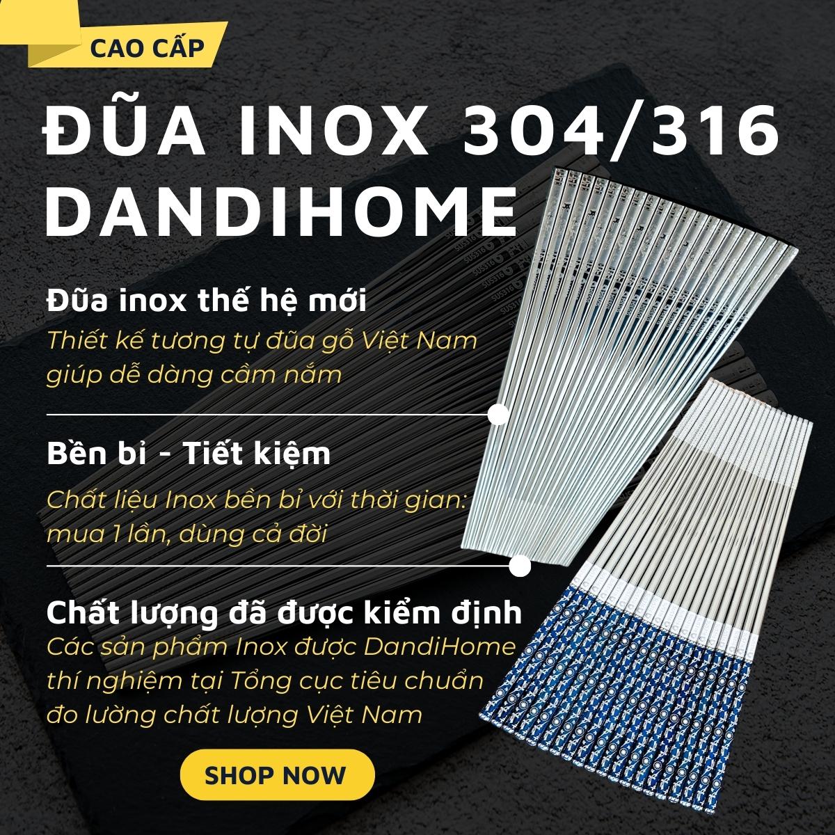 Bộ 10 đôi đũa inox 304 - 316 DandiHome 2020 chống trơn trượt, sang trọng, tinh tế