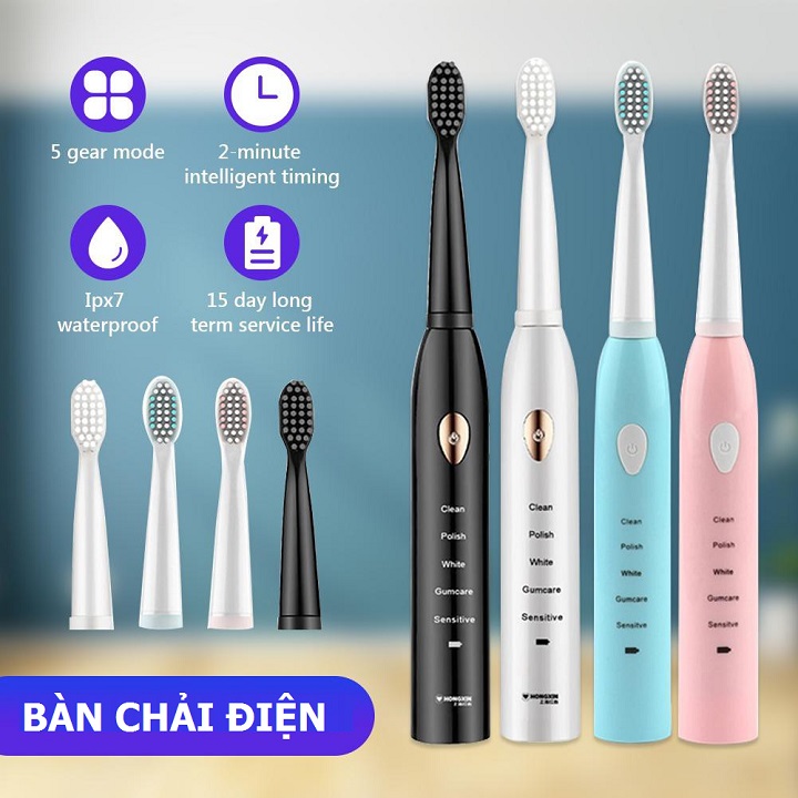 Máy vệ sinh chăm sóc răng miệng bằng điện chính hãng Electric Toothbrush , Tự động 5 Chế Độ Công Nghệ Sóng Âm, Kèm 4 đầu Bàn chải