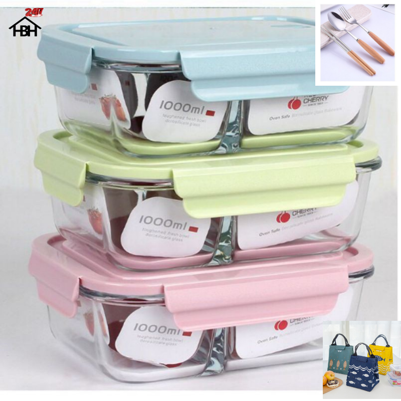 Hộp Cơm Thủy Tinh 3 Ngăn 1050 ml + Túi Cá + Hộp Đũa Thìa Cán gỗ cực kì tiện lợi