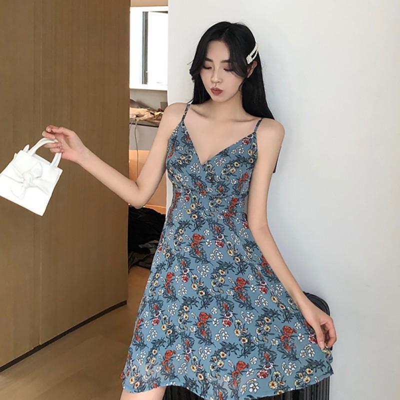 Đầm Hoa Cổ Chữ V Phong Cách Retro Xinh Xắn Cho Nữ