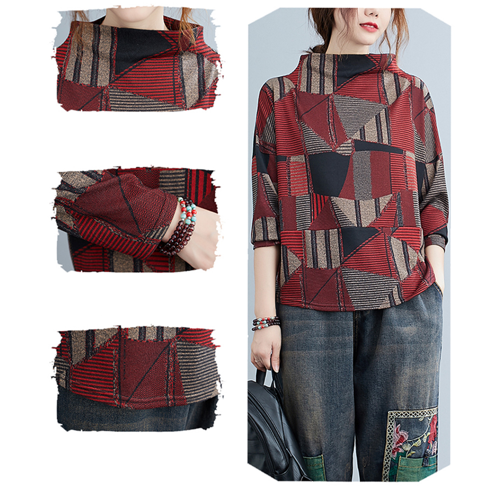Women Autumn T-Shirt Turtleneck Long Sleeves Sweaters Geometric Print Loose Fit Casual Pullover