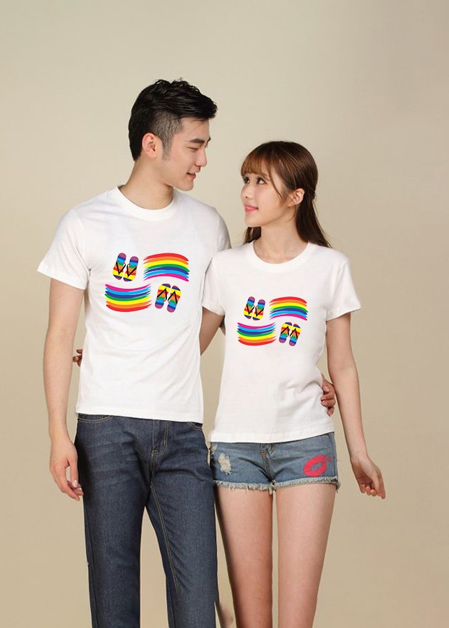 Bộ Áo Thun Đôi Dép Tình Nhân Màu Trắng Nam Nữ