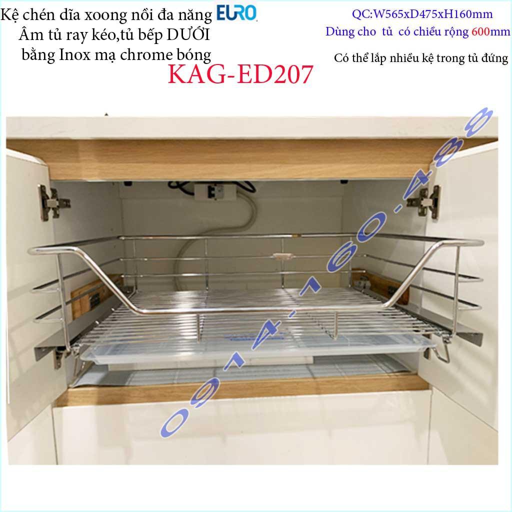 Kệ xoong nồi Euro KAG-ED207-60cm, giá xoong nồi inox âm tủ 60cm có ray giảm chấn tủ bếp dưới ray êm ái sử dụng tốt