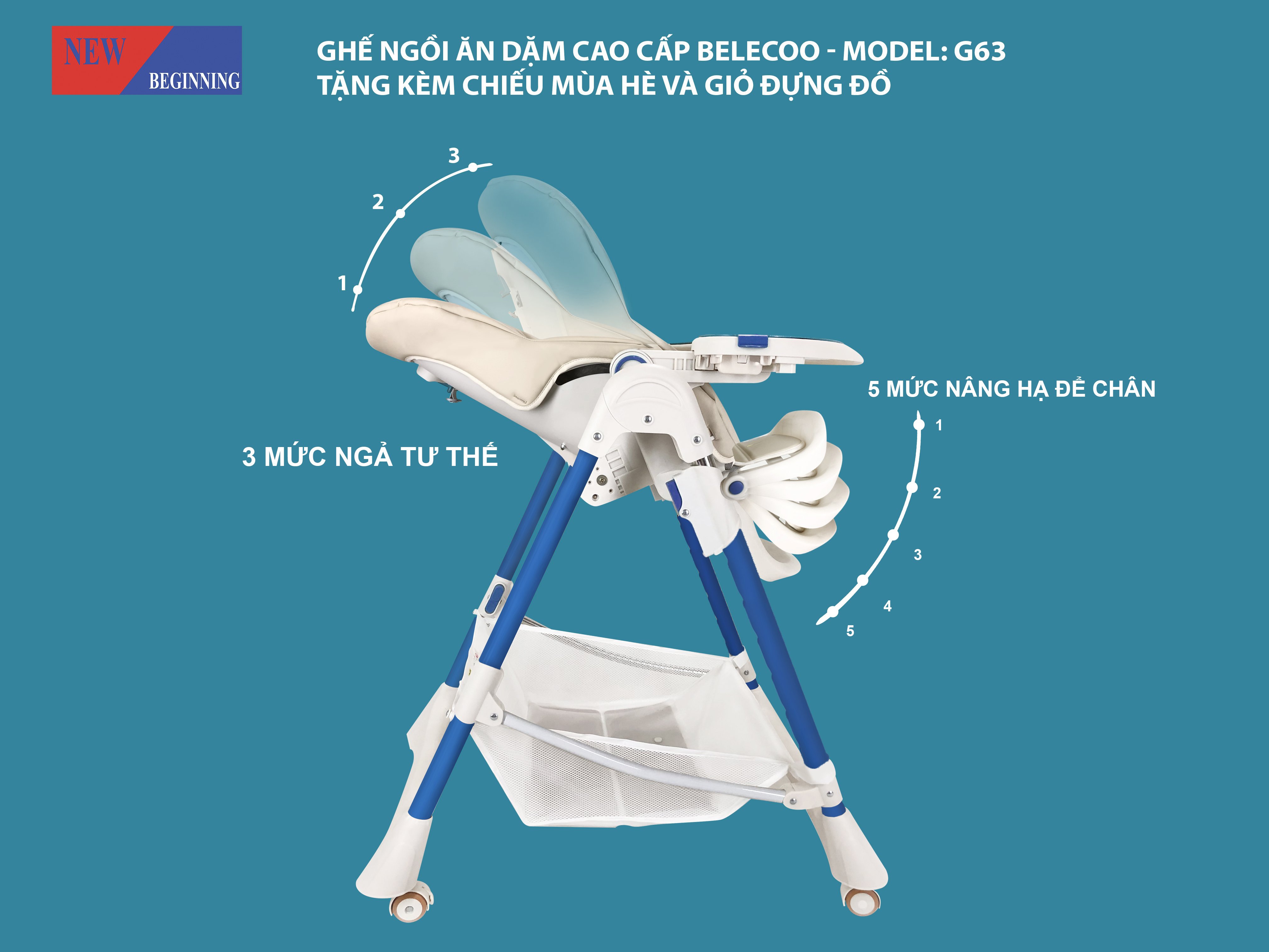 Ghế ăn dặm đa năng cho bé Belecoo có 7 mức nâng hạ độ cao, 3 chế độ ngả, dùng cho bé từ 1 tháng - 5 tuổi