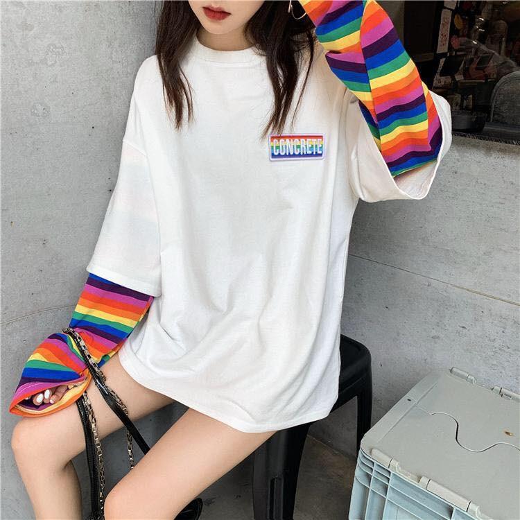 Áo thun tay dài form rộng unisex - Sweater cầu vòng