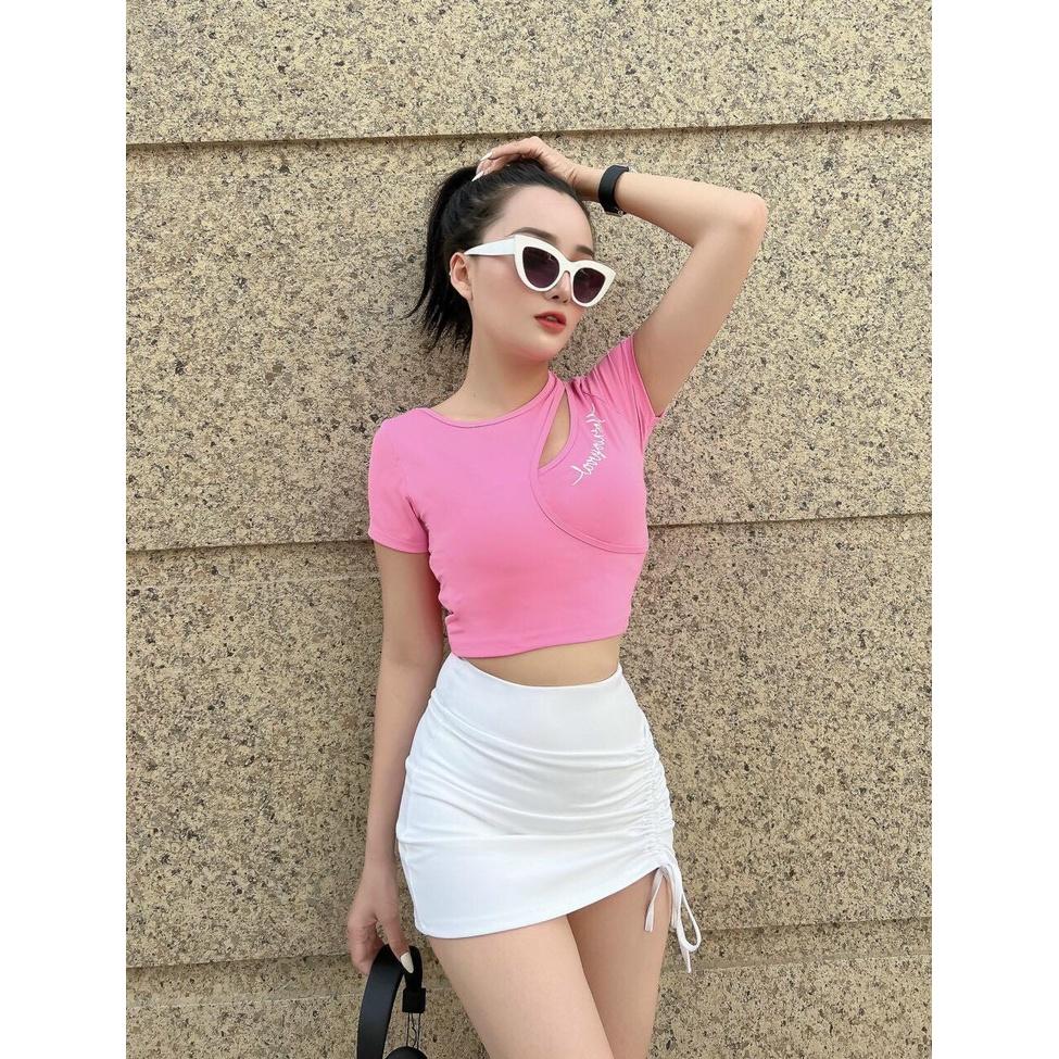 Đồ tập gym nữ Hot Trend Áo Croptop khoét ngực Chân Váy rút dây chéo eo siêu đẹp tập Gym, Yoga, Zumba, Aerobic, Đi biển