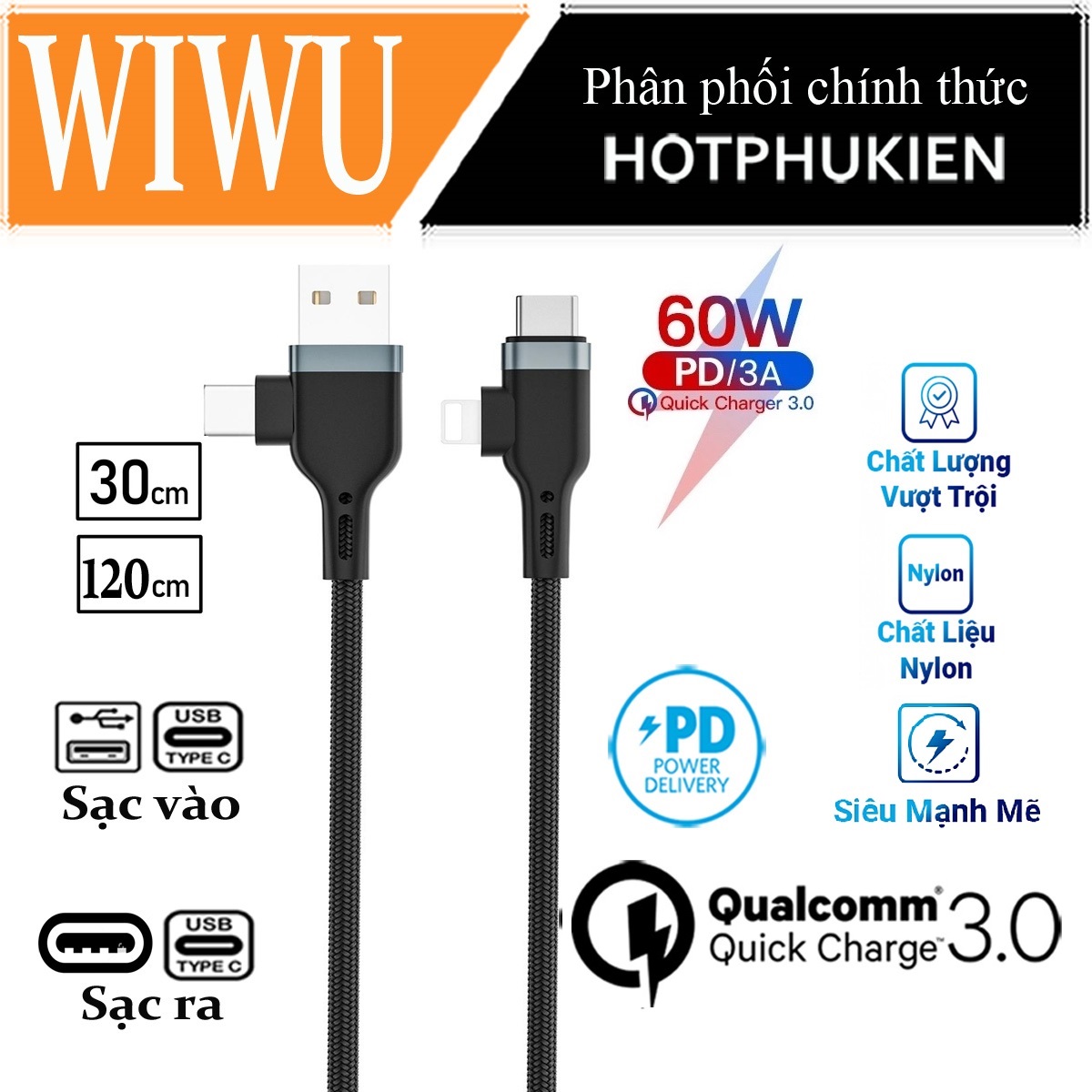 Dây cáp sạc nhanh 60W đa năng 4 in 1 USB C + USB A ra đầu sạc Type C + sạc Light cho iPhone iPad hiệu WIWU PT06 - Hàng nhập khẩu