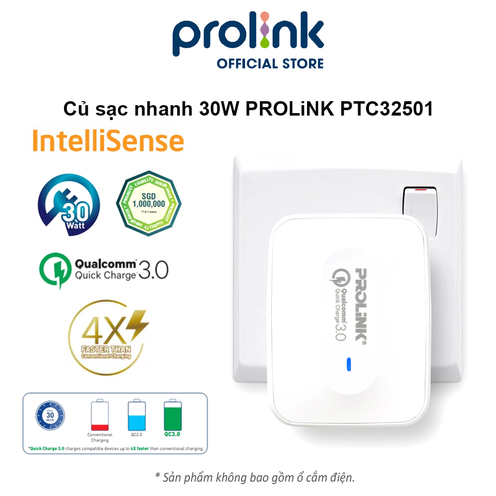 Củ sạc nhanh 3 cổng Prolink PTC32501 Quick charge 3.0 - Hàng chính hãng