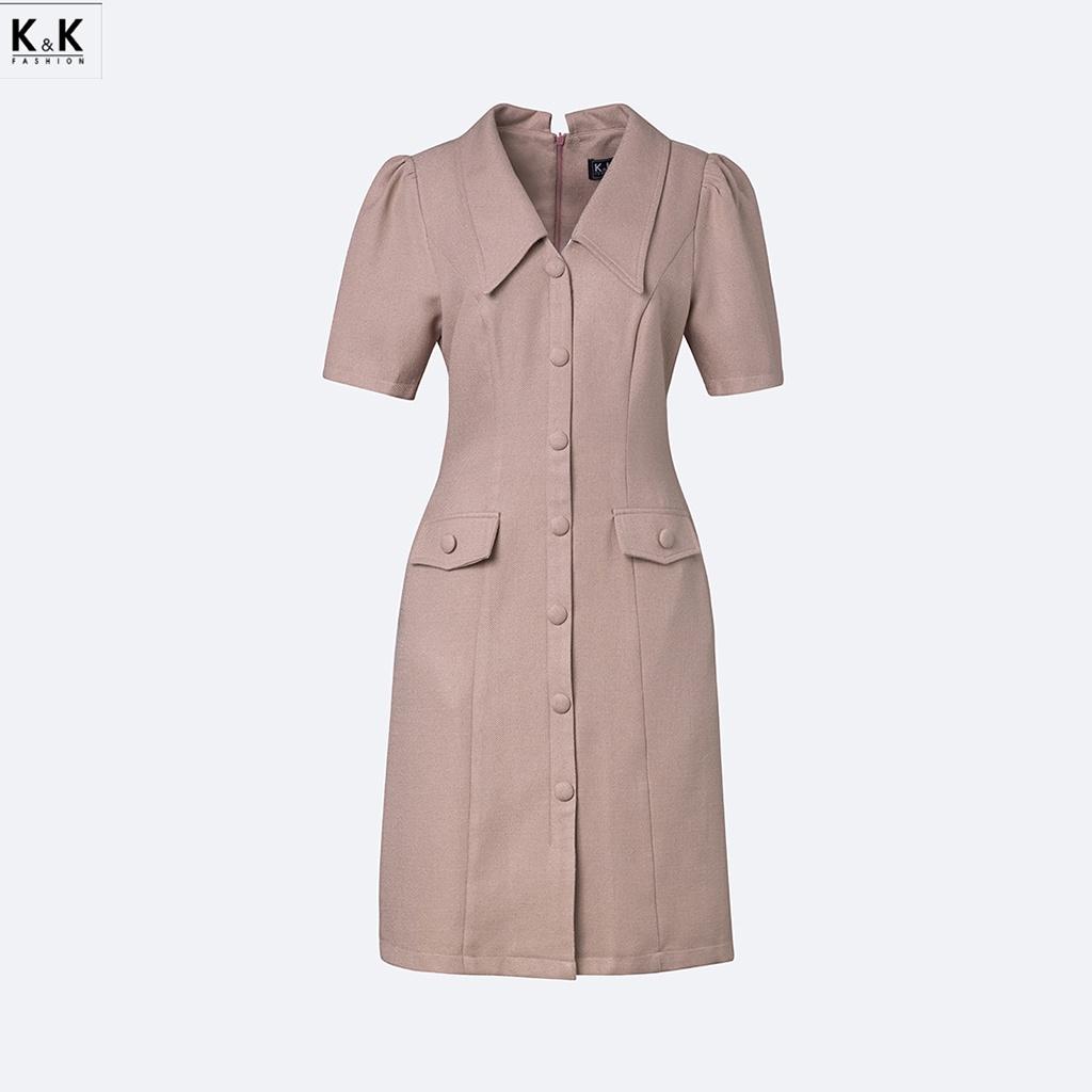 Đầm Sơ Mi Công Sở Phối Túi Giả K&K Fashion KK116-18 Chất Liệu Cotton Chéo