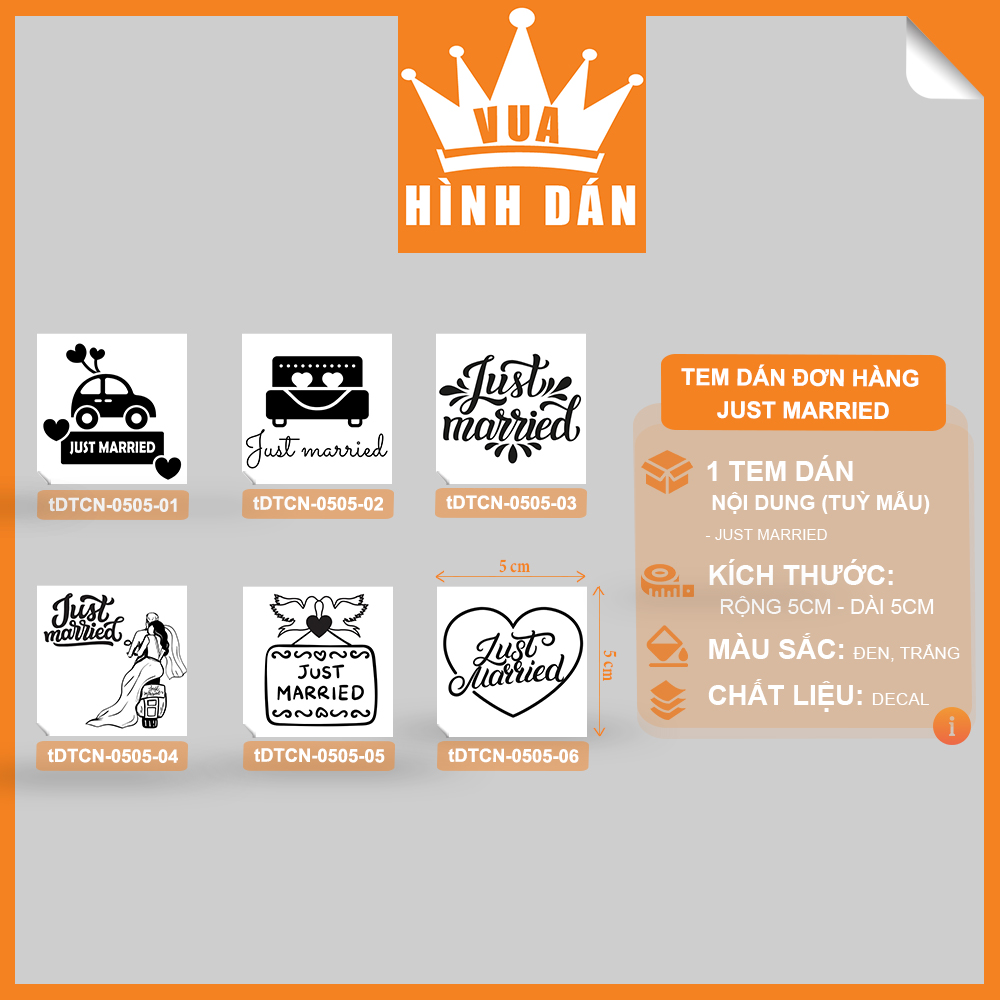 Set 50/100 sticker JUST MARRIED - tem dán hộp quà, gói hàng, trang trí tiệc cưới Vua Hình Dán