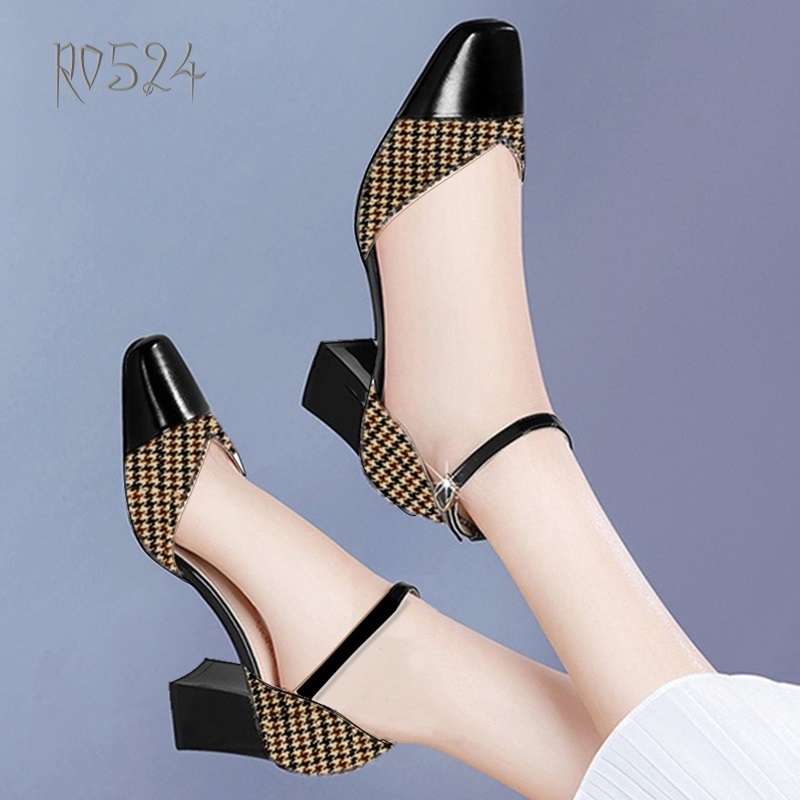 Giày sandal nữ cao gót 5 phân hàng hiệu rosata hai màu đen đỏ ro524