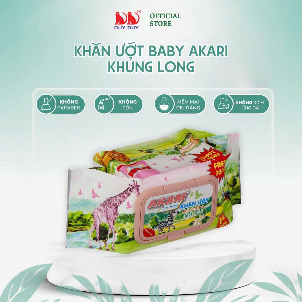 Khăn ướt Akari khủng long vải không dệt rayon cao cấp 130 miếng 13.5x20cm không paraben dành cho bé