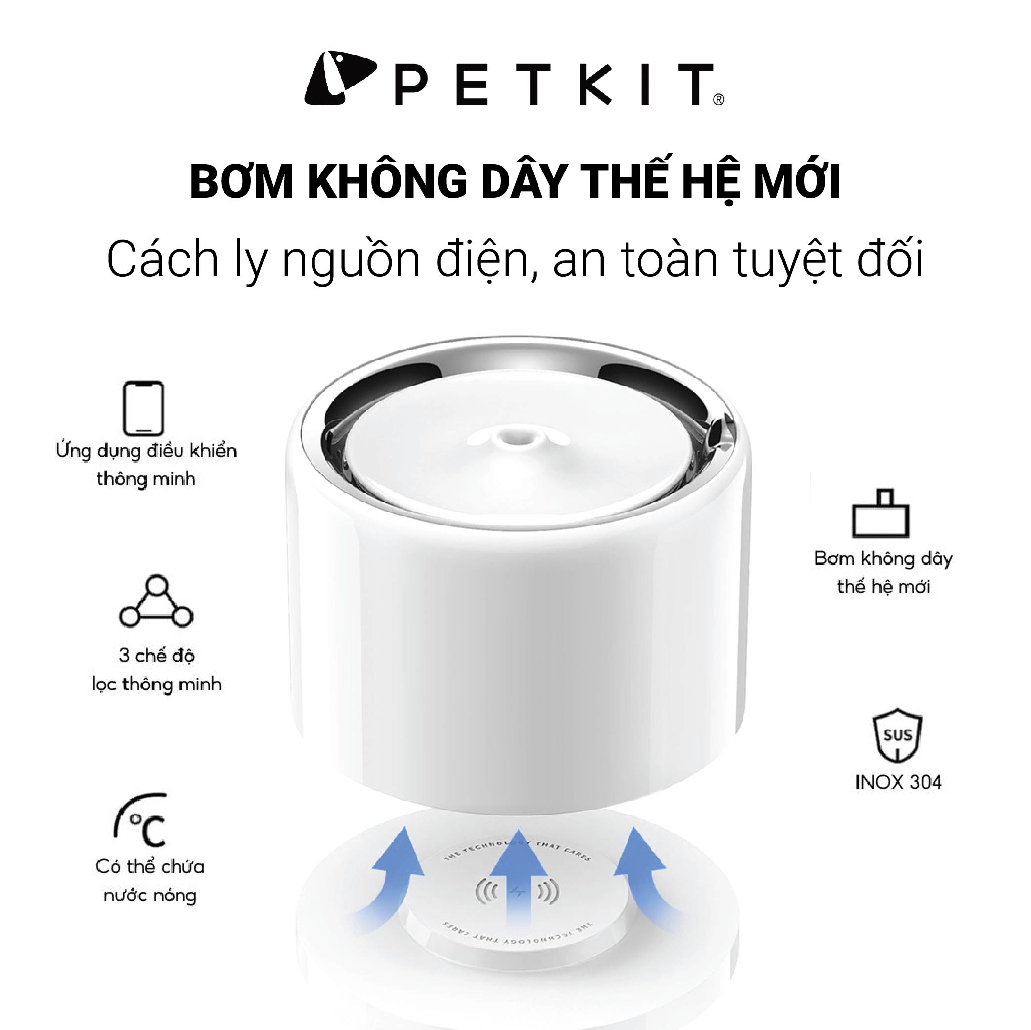 Đài Phun Nước, Máy Lọc Nước Cho Mèo Petkit Eversweet 3 PRO Chất Liệu Inox 304 và Nhựa ABS Sử Dụng Bơm Không Dây Thế Hệ 6