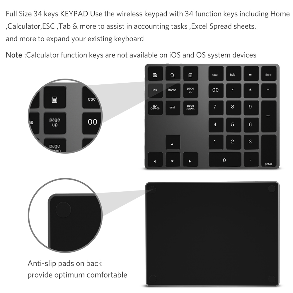 Bàn Phím Số Không Dây Bằng Nhôm 34 Phím BT Tích Hợp Pin Sạc Cho Windows / IOS / Android
