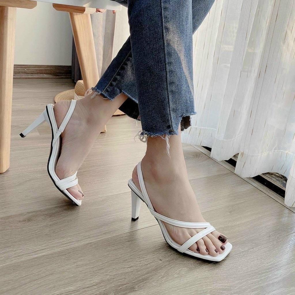 Sandal quai mảnh vát chéo gót mỏng thấp - 7P