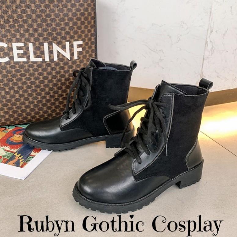 Giày Boots Cổ Cao Da PU phối da lộn cá tính