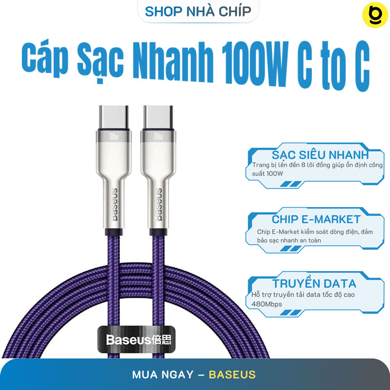 Cáp sạc nhanh siêu bền 2 đầu Type-C Baseus Cafule Metal Series màu tím (100W) không hộp - Hàng nhập khẩu