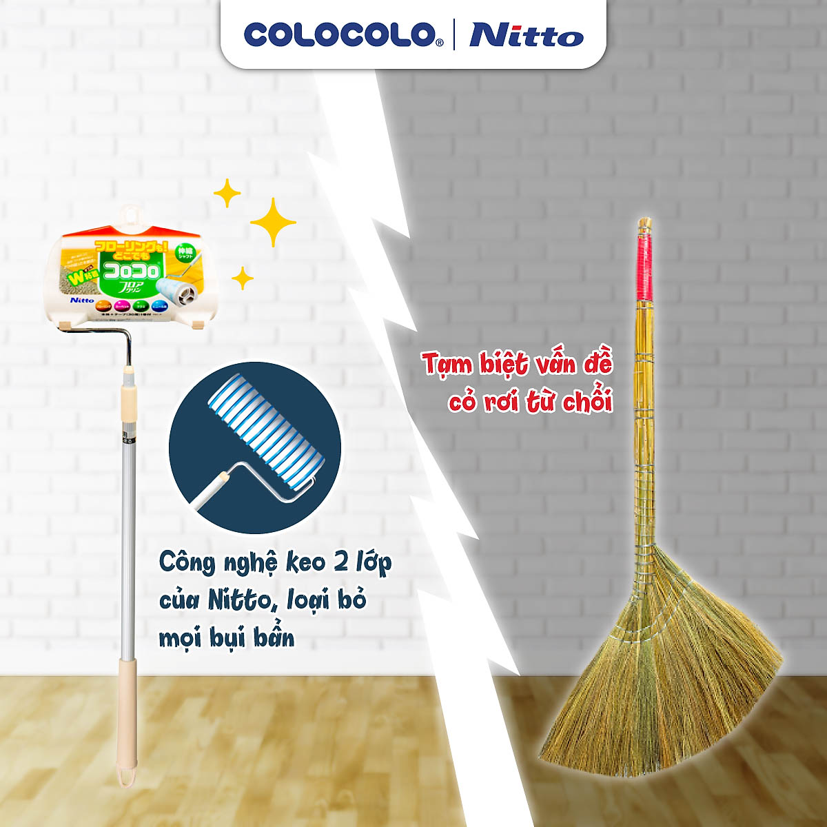 Cây Lăn Bụi Sàn Nhà Cán Dài COLOCOLO Nhật Bản - Tăng giảm chiều dài linh động 610mm-970mm
