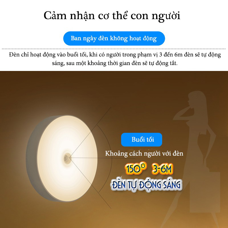 Đèn LED cảm ứng thông minh không dây, Pin sạc, có nam châm gắn tường cho phòng ngủ, nhà vệ sinh tủ quần áo - DH2011