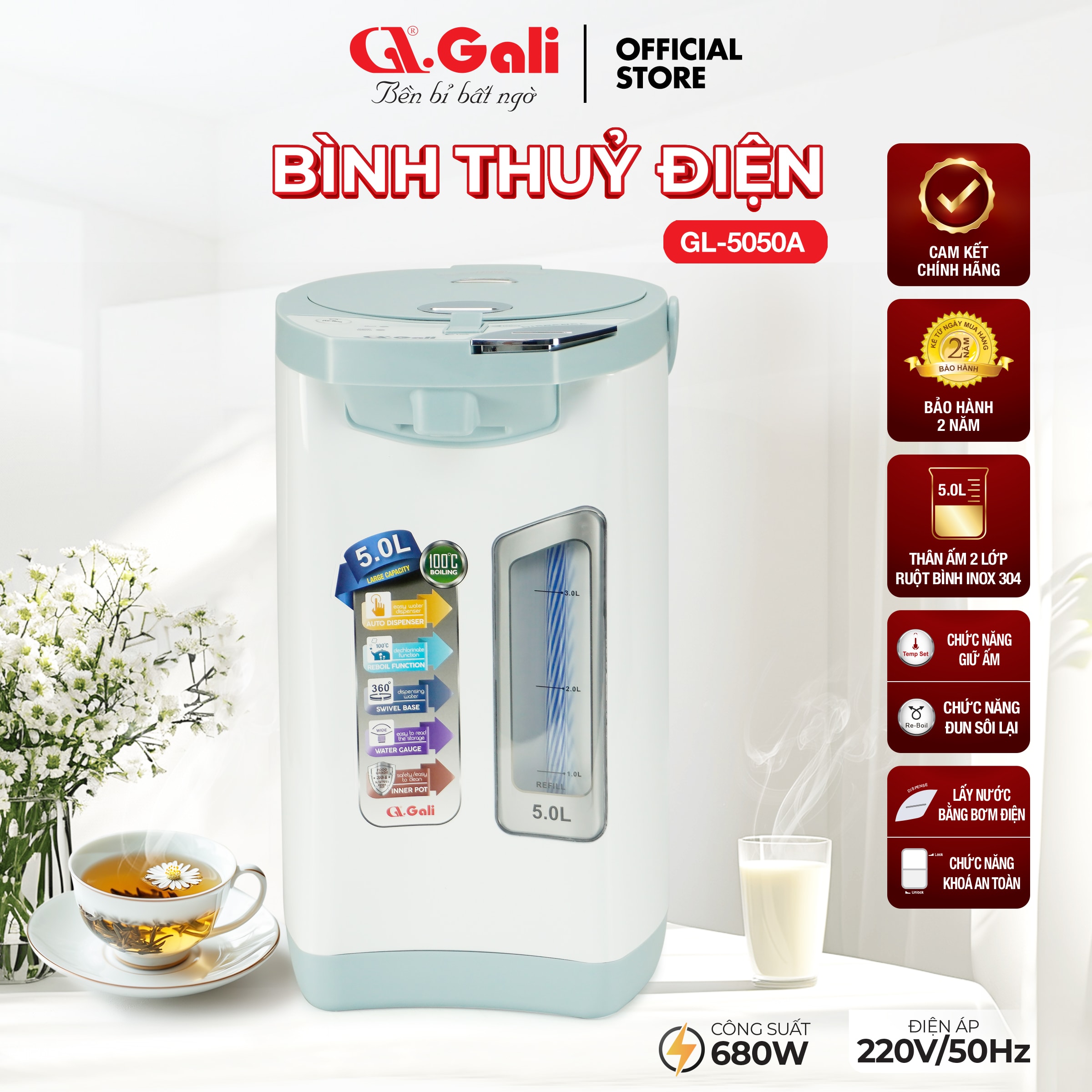 Bình Thuỷ Điện Gali GL-5050A Dung tích 5L nhỏ gọn, Thân bằng nhựa nguyên sinh cao cấp, lòng trong bằng Inox 304 dày chất lượng. Hàng chính hãng chất lượng cao bảo hành 24 tháng.