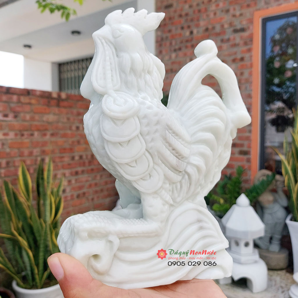 Tượng đá gà 12 con giáp phong thủy đá trắng xanh 21cm đá Non Nước
