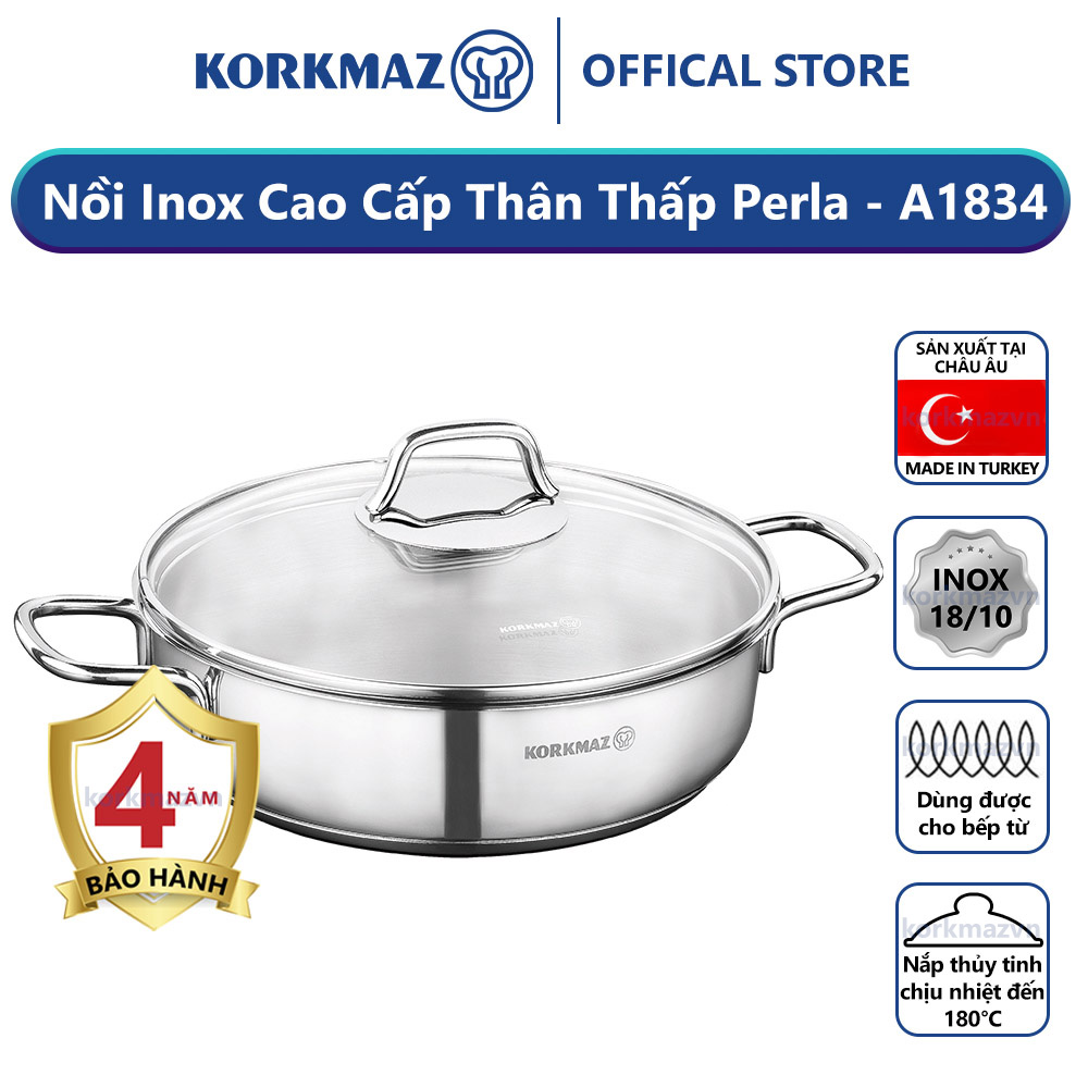 Nồi inox 18/10 thân thấp Korkmaz Perla 3.6 lít - 26x7 cm