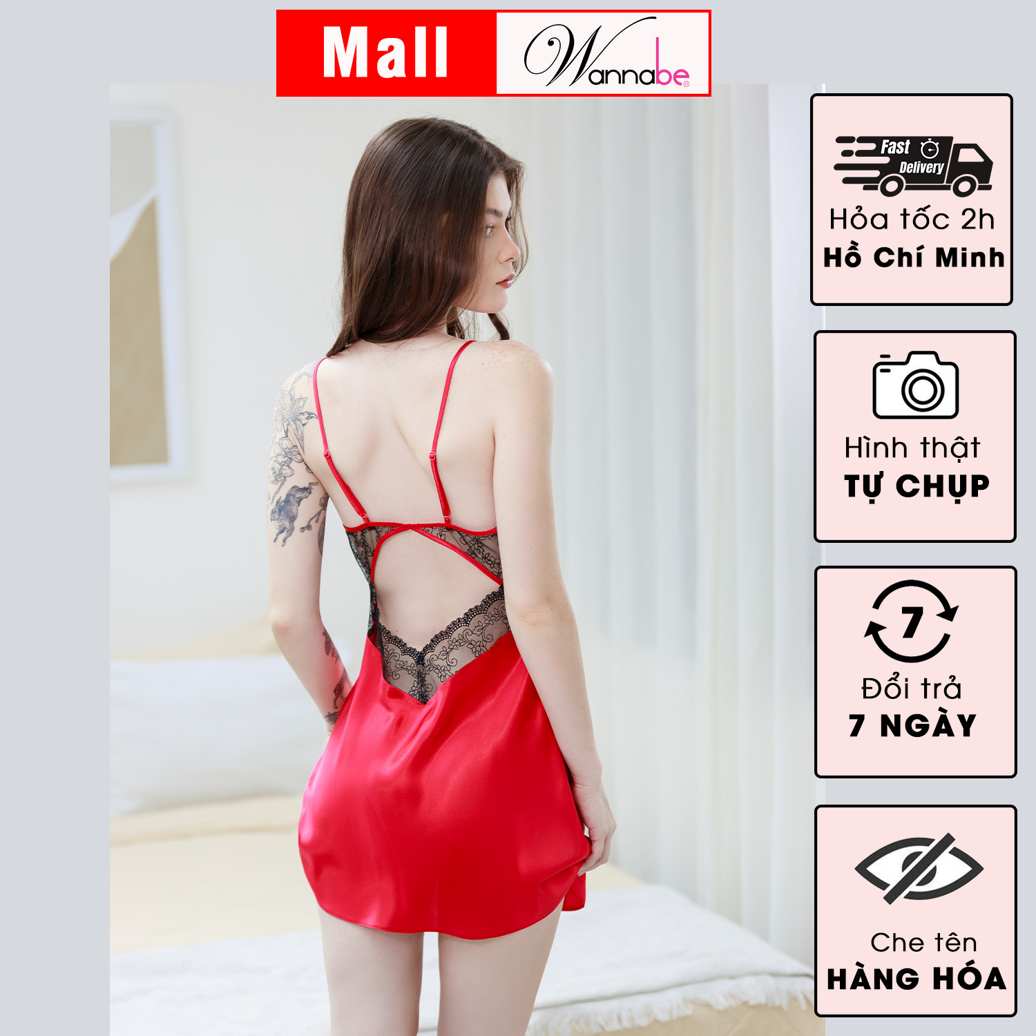 Đầm ngủ lụa cao cấp WANNABE DNS46 váy ngủ hở lưng phối ren nữ tính quyến rũ