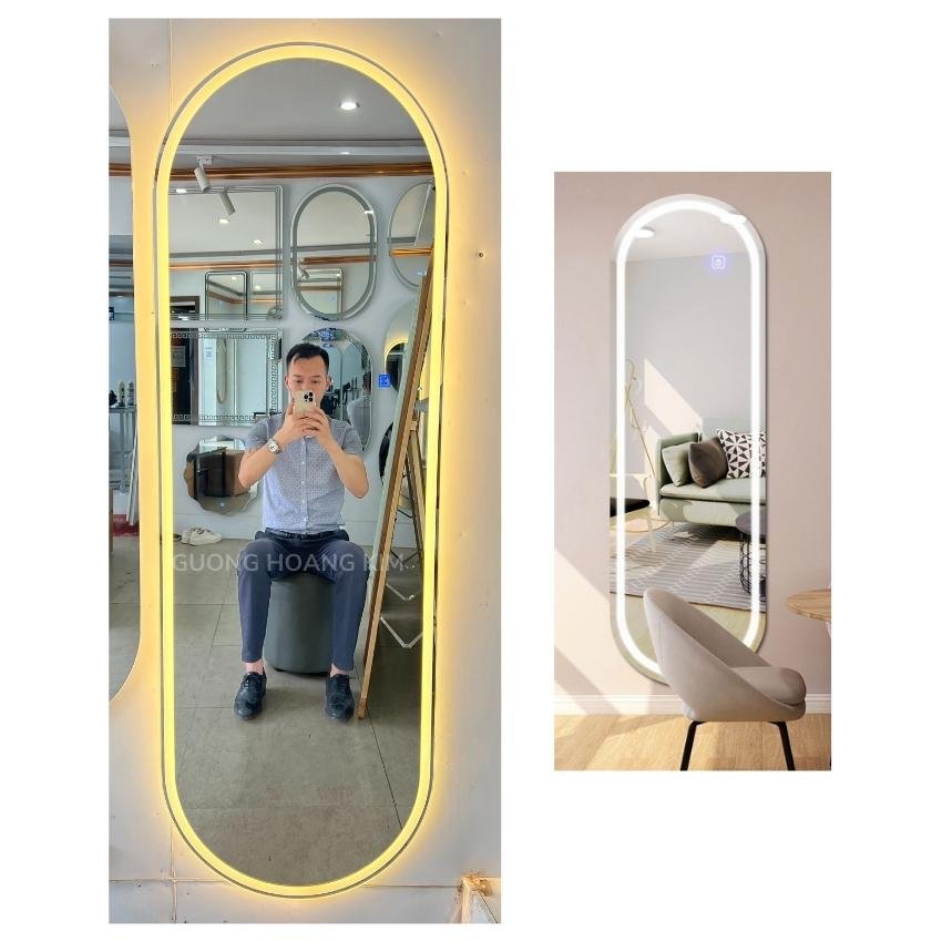 Gương toàn thân oval trang trí phòng led cảm ứng đổi 3 màu kích thước 40x120cm đầy đủ phụ kiện