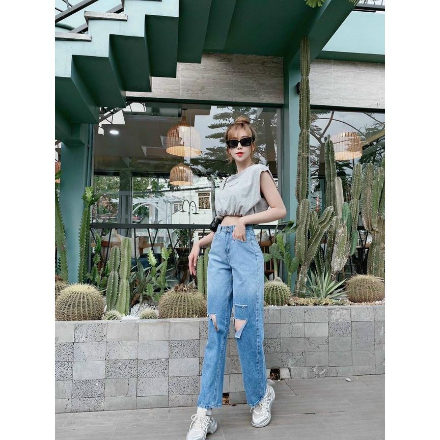 Quần Jean Nữ Ống Rộng Lưng Cao Rách Gối Phong Cách Ulzzang Năng Động, Chất Bò Dày Dặn 2 Màu Xanh Và Xám NB Stores