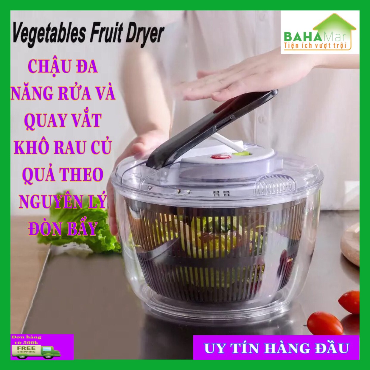CHẬU ĐA NĂNG RỬA VÀ QUAY VẮT KHÔ RAU CỦ QUẢ THEO NGUYÊN LÝ ĐÒN BẨY có thể xoay nhiều món salad và rau tại cùng thời gian, tay nắm ấn đẩy có thể dễ dàng làm sạch và làm khô rau.