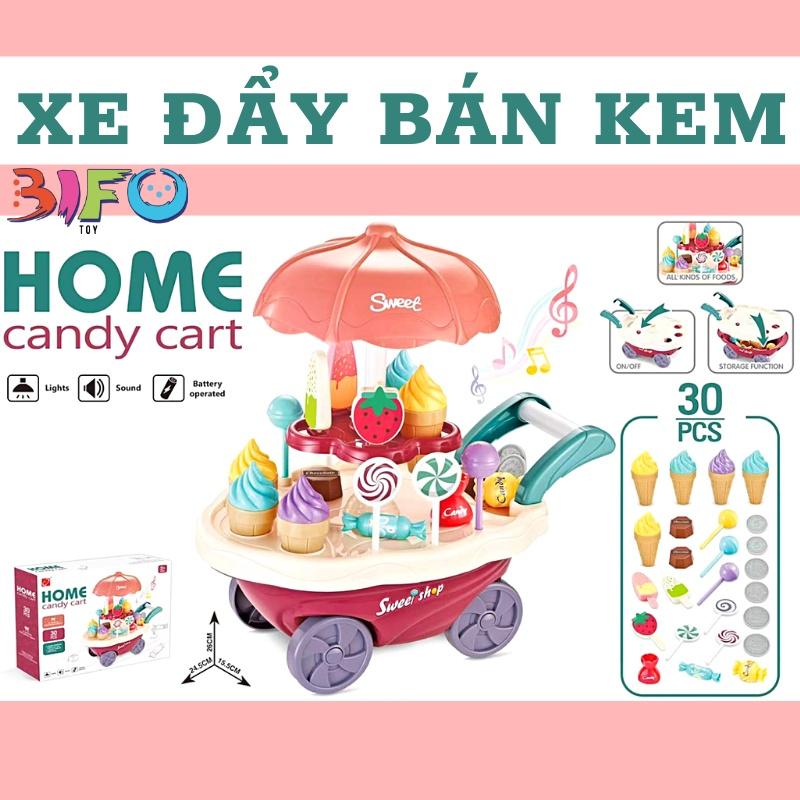 Xe kem 30 PCS xe đẩy bán kem đồ chơi có nhạc và đèn vui nhộn đồ chơi đồ hàng màu hồng quà tặng bé gái