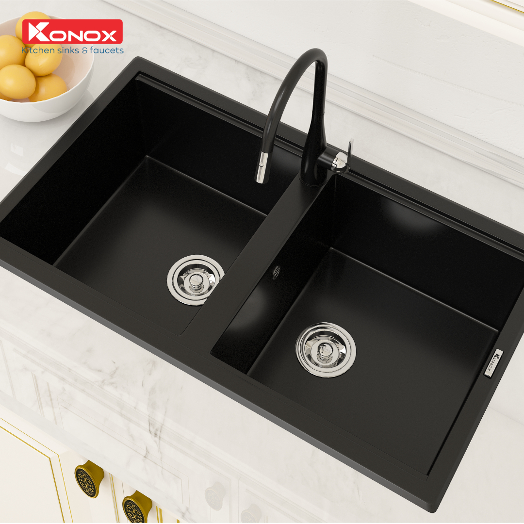 Chậu rửa bát Konox, Granite Series, Model Phoenix 860, Full set gồm Siphon+Giá úp bat Made in Italy, 860*510*200(mm), Hàng chính hãng