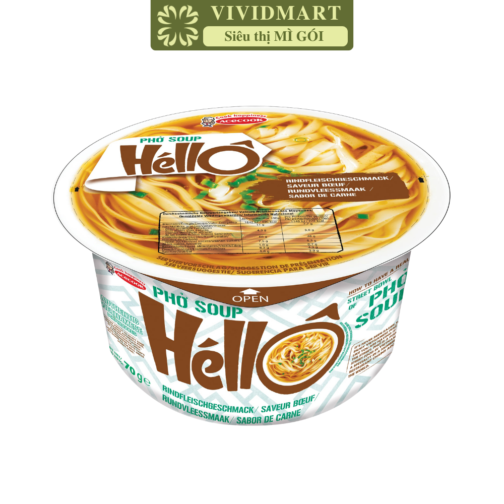 ACECOOK - Phở tô Soup Héllô hương vị Bò, Phở bò tô Soup Hello Acecook ăn liền, Phở bò Acecook ăn liền (70g/tô)