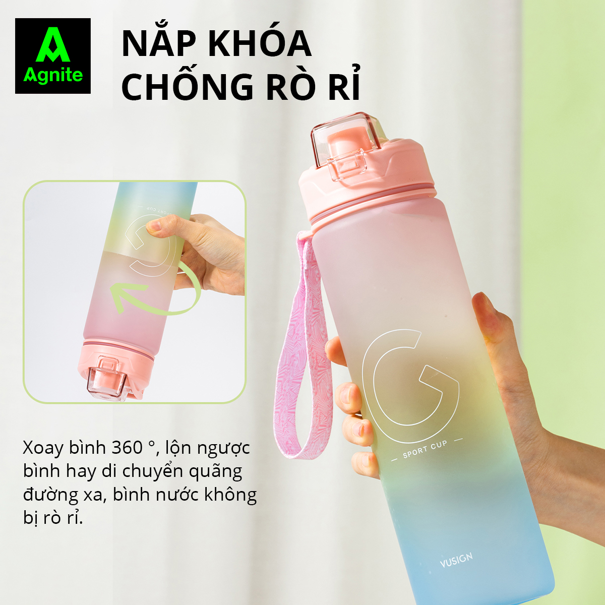 Bình Đựng Nước 1L Bao Bì Dễ Thương Có Vạch Báo Giờ Uống Nước Chia Lượng Nước Agnite - Đầy Đủ Kiểm Định Chất Lượng Phủ Hợp Bình Nước Thể Thao Tập Gym Yoga - VS822 VS823