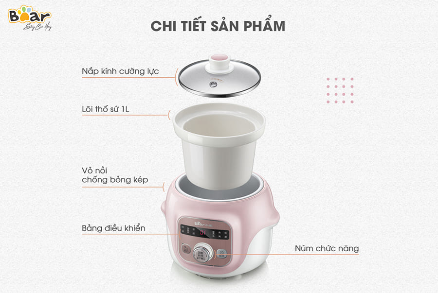 Nồi Chưng Yến, Nấu Cháo Chậm, Nồi Tiềm Thuốc Bắc BEAR DDG-D10B1S Dung Tích 1 Lít Công Suất 100 W - Hàng Chính Hãng