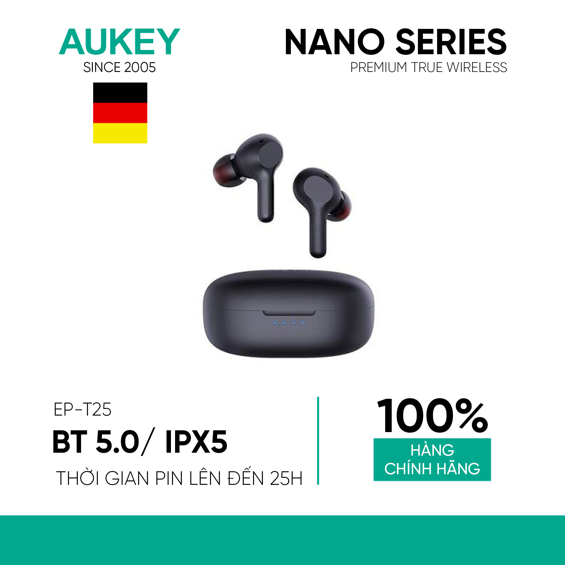 Tai Nghe True Wireless AUKEY EP-T25 Điều Khiển Cảm Ứng, Bluetooth 5.0, Chống Nước IPX5, Pin Lên Đến 25h - Hàng Chính Hãng