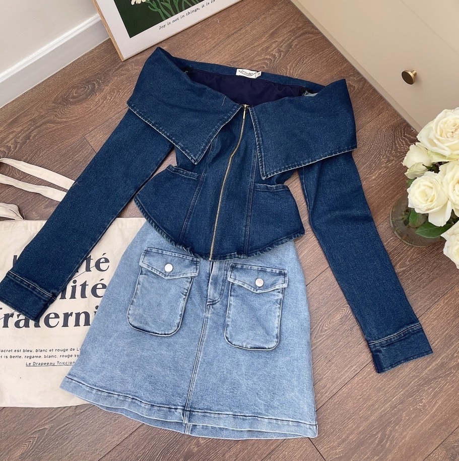 ĐẦM SET ÁO CROPTOP TRỄ VAI TAY DÀI + CHÂN VÁY NGẮN LƯNG CAO TÚI HỘP CHỮ A JEANS ĐI CHƠI NOEL ĐI TIỆC DẠO PHỐ GIÁNG SINH