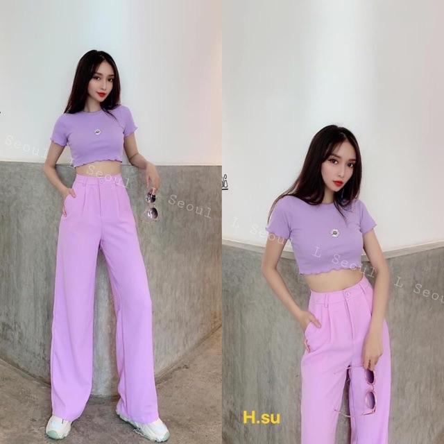 Áo croptop cuốn biên thêu hoa cúc mặt cười