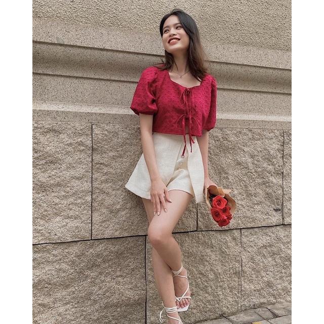 Áo kiểu croptop tay ngắn phồng Hàn Quốc cột nơ tiểu thư REVERCLOTHINGS Smiley Top