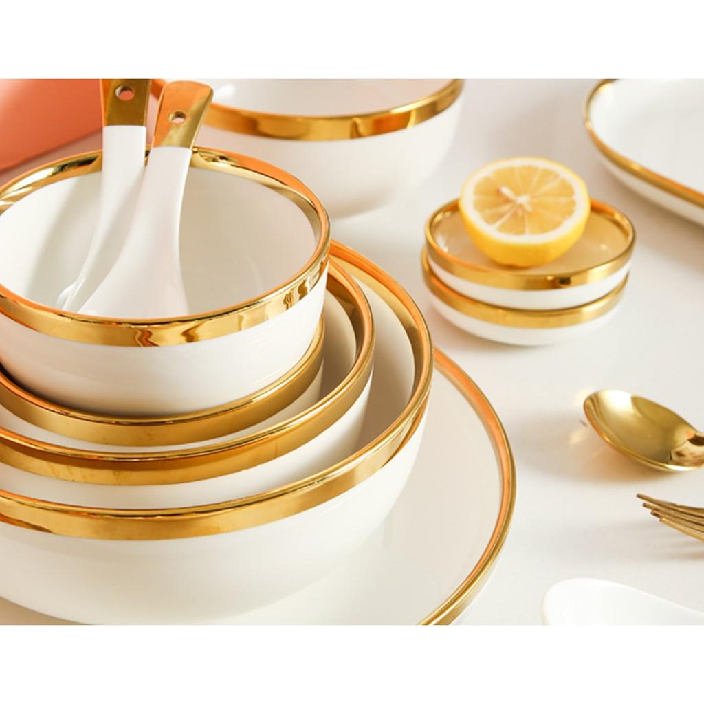 Set bát 26 món. Bát đĩa 26 món. set bát đĩa 26 món màu trắng viền vàng sang trọng.