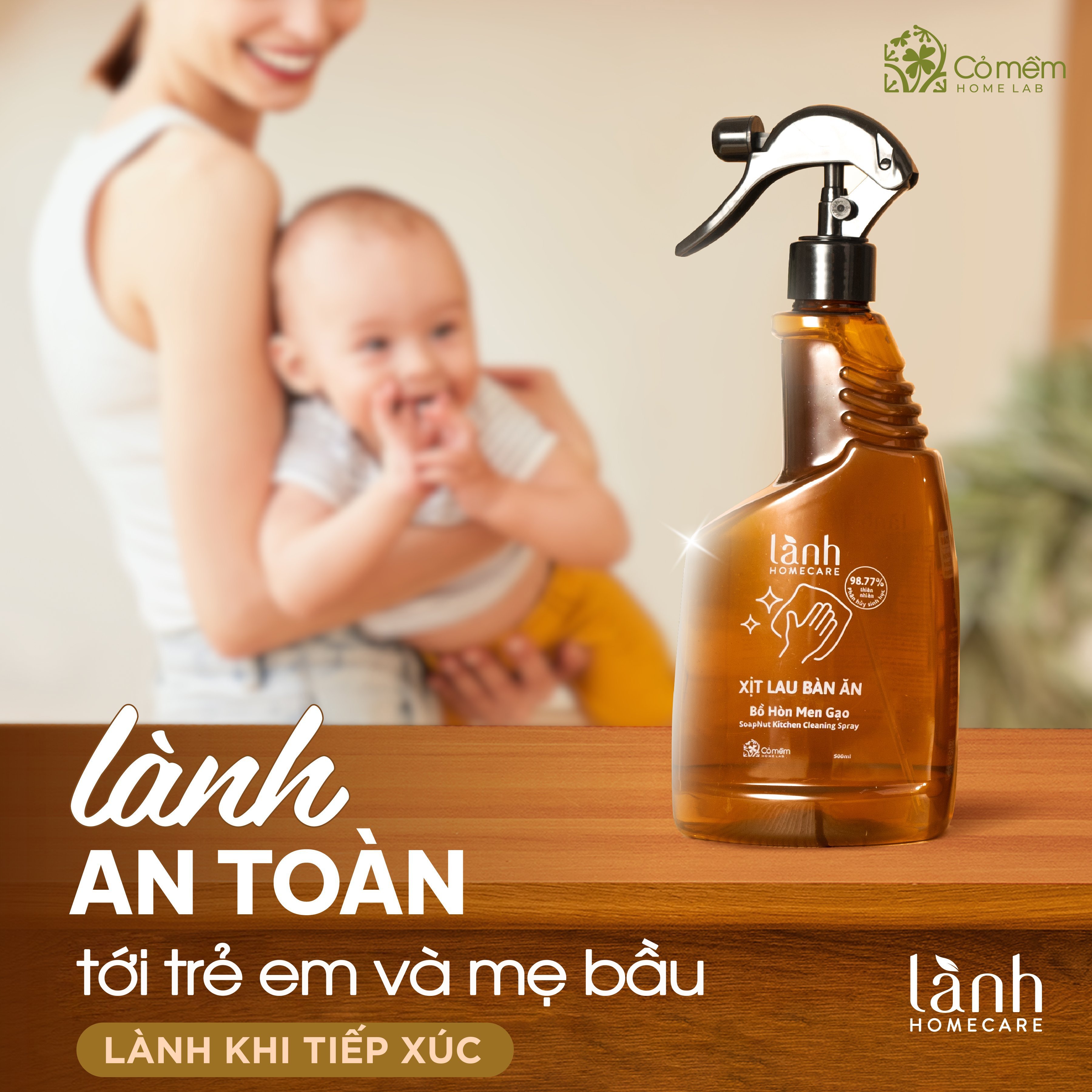 Nước Lau Bếp Lau Bàn Ăn Xịt Kính Đa Năng Bồ Hòn Men Gạo Thiên Nhiên An Lành Homecare Cỏ Mềm 500ml