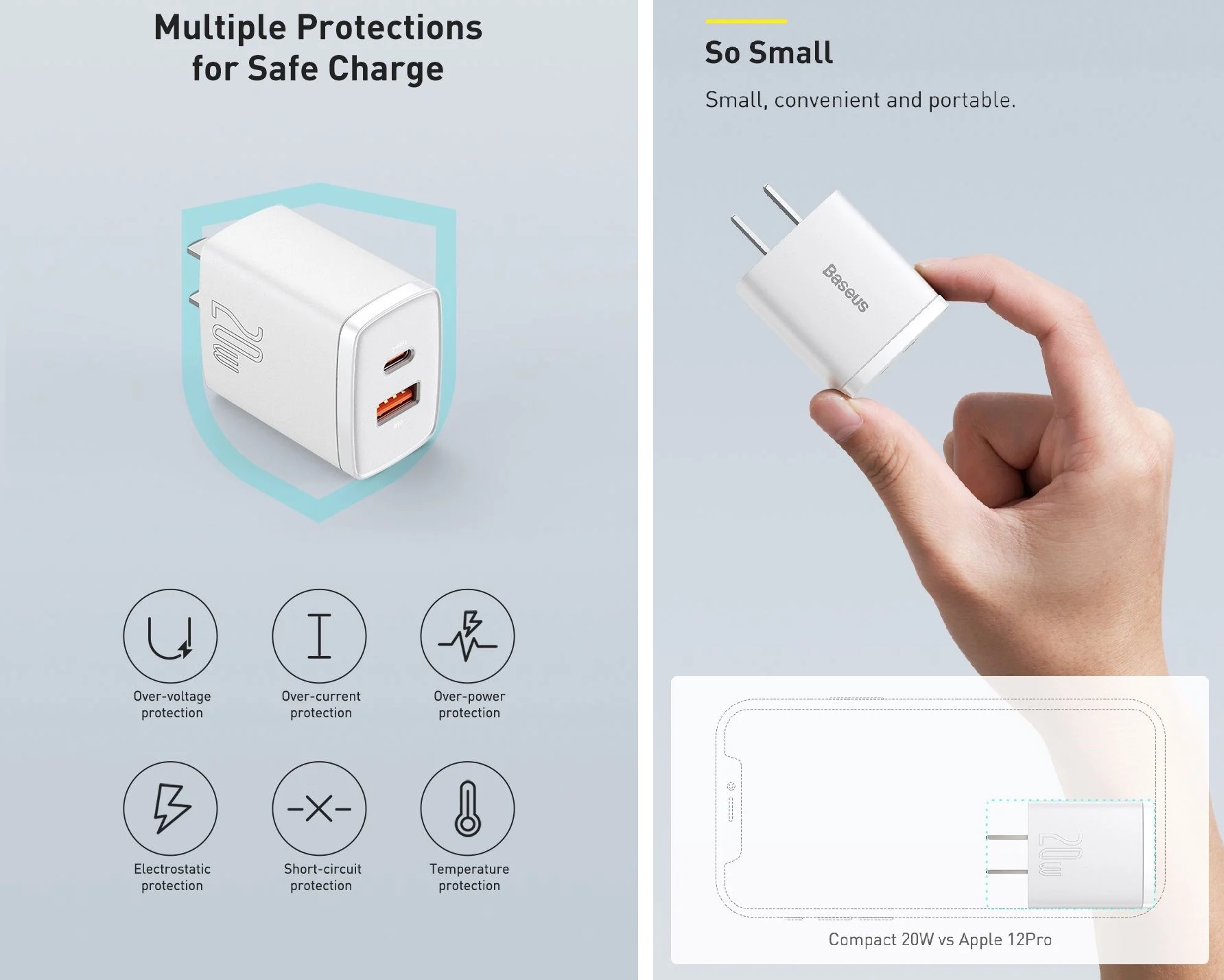 Cốc sạc 20W 2 cổng C+U Baseus Compact CCCP20UC - Hàng chính hãng