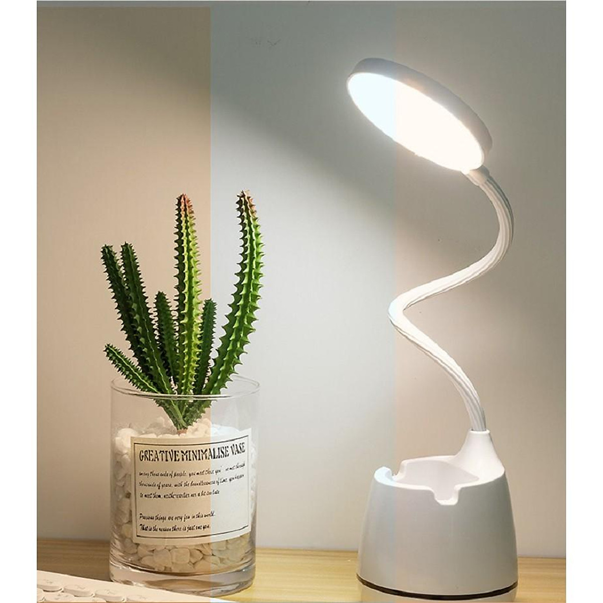 Đèn led để bàn học sạc usb có kệ đựng bút hoặc điện thoại hình tròn - HENRYSA